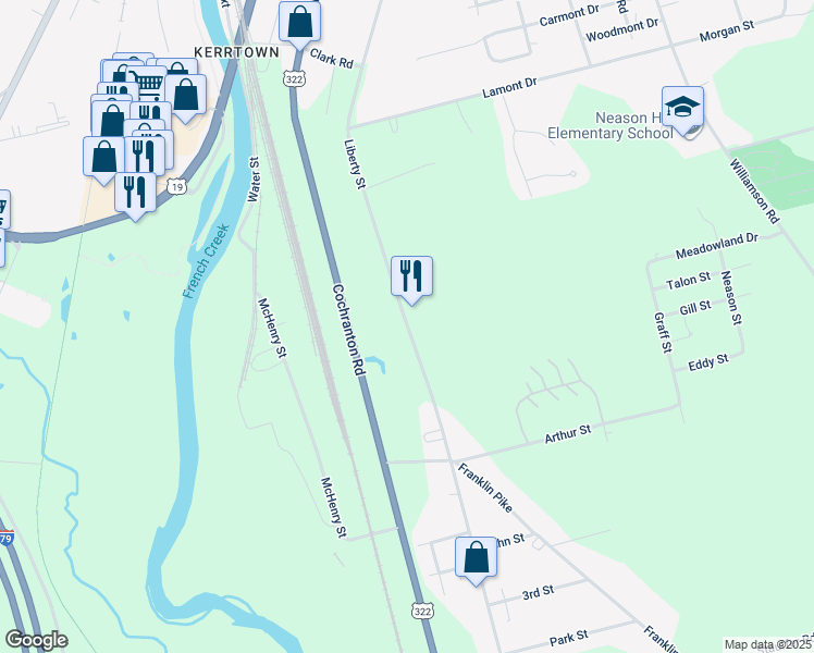map of restaurants, bars, coffee shops, grocery stores, and more near 10600-11198 Liberty Street in Meadville