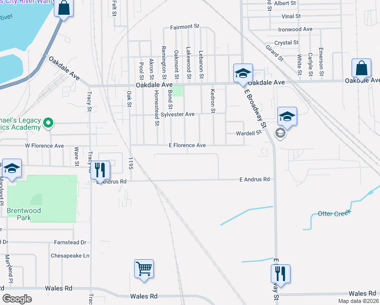 map of restaurants, bars, coffee shops, grocery stores, and more near 116 East Florence Avenue in Toledo