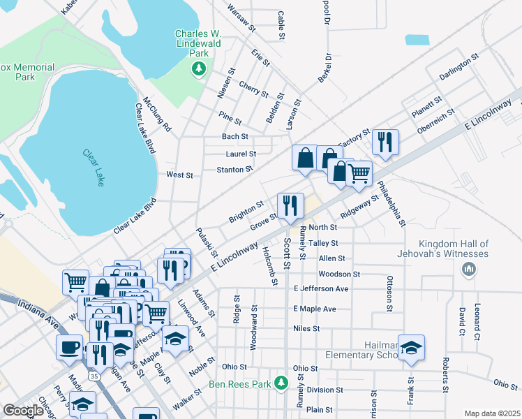 map of restaurants, bars, coffee shops, grocery stores, and more near 406 Brighton Street in La Porte