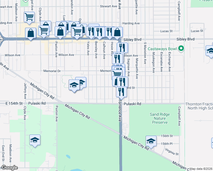 map of restaurants, bars, coffee shops, grocery stores, and more near 621 Calhoun Avenue in Calumet City