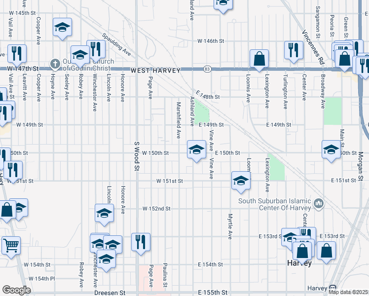 map of restaurants, bars, coffee shops, grocery stores, and more near 17 West 150th Street in Harvey