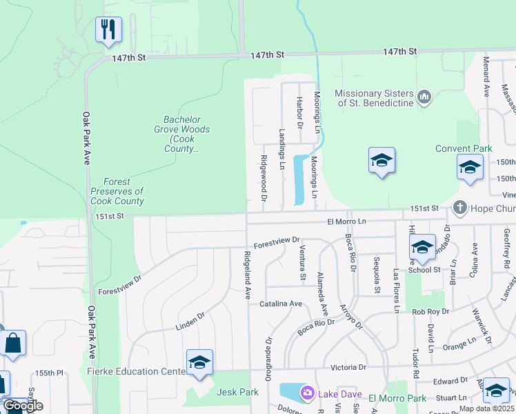 map of restaurants, bars, coffee shops, grocery stores, and more near 6340 151st Street in Oak Forest