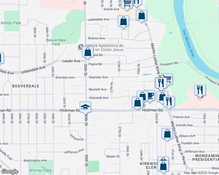 map of restaurants, bars, coffee shops, grocery stores, and more near 2741 Bennett Avenue in Des Moines