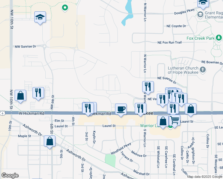 map of restaurants, bars, coffee shops, grocery stores, and more near 202 Northwest Prairieside Drive in Waukee