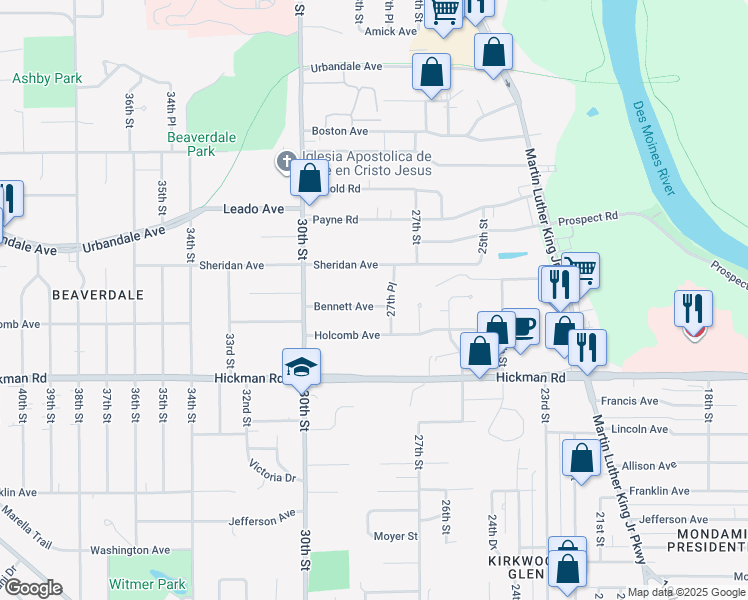 map of restaurants, bars, coffee shops, grocery stores, and more near 2741 Bennett Avenue in Des Moines
