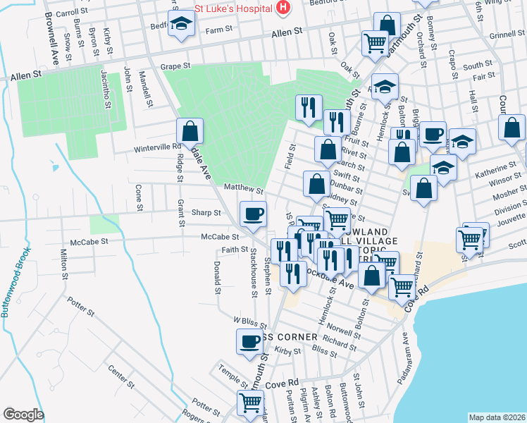 map of restaurants, bars, coffee shops, grocery stores, and more near 45 Stephen Street in New Bedford