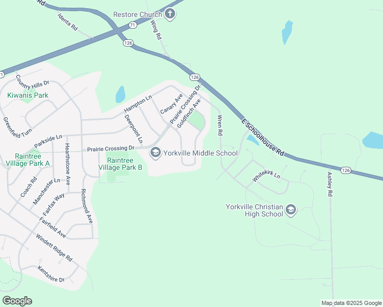 map of restaurants, bars, coffee shops, grocery stores, and more near 1225 Hawk Hollow Drive in Yorkville