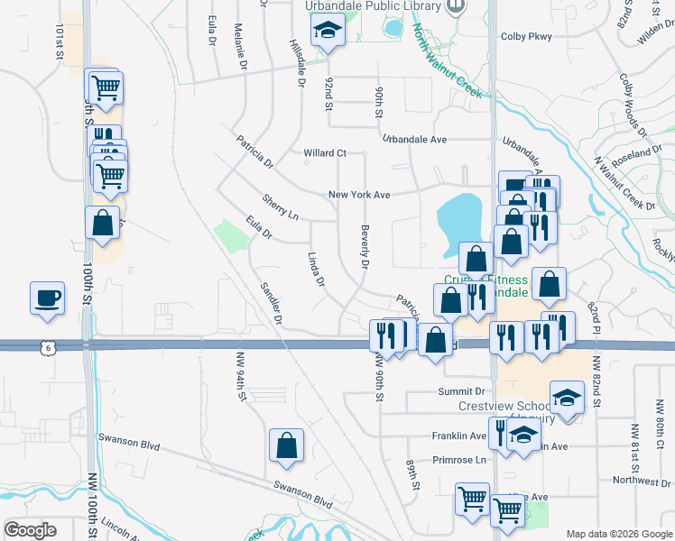 map of restaurants, bars, coffee shops, grocery stores, and more near 2706 Patricia Drive in Urbandale