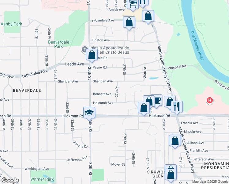 map of restaurants, bars, coffee shops, grocery stores, and more near 2741 Bennett Avenue in Des Moines