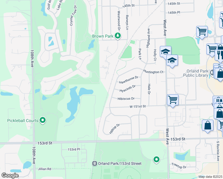 map of restaurants, bars, coffee shops, grocery stores, and more near 15002 Huntington Court in Orland Park