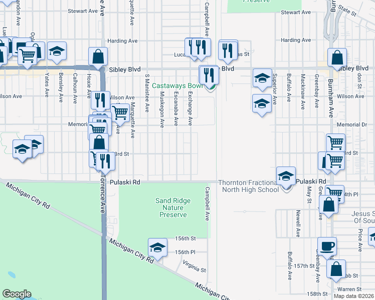 map of restaurants, bars, coffee shops, grocery stores, and more near 618 Exchange Avenue in Calumet City