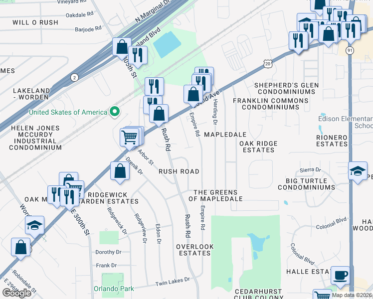 map of restaurants, bars, coffee shops, grocery stores, and more near 30522 Severn Lane in Wickliffe