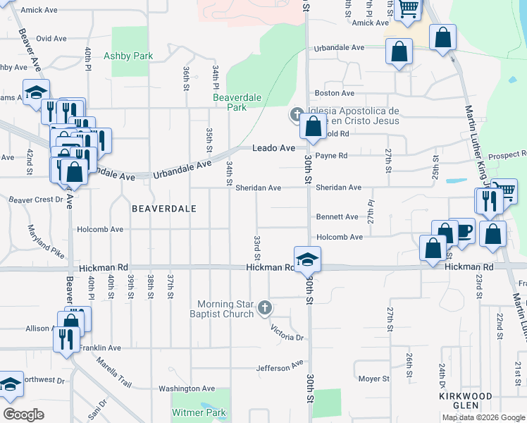 map of restaurants, bars, coffee shops, grocery stores, and more near 2517 33rd St in Des Moines