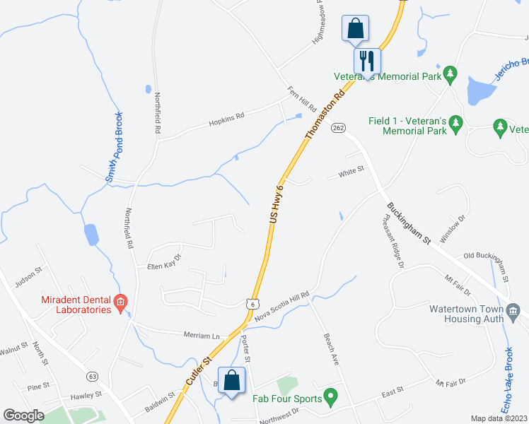 map of restaurants, bars, coffee shops, grocery stores, and more near 475 Thomaston Rd in Watertown