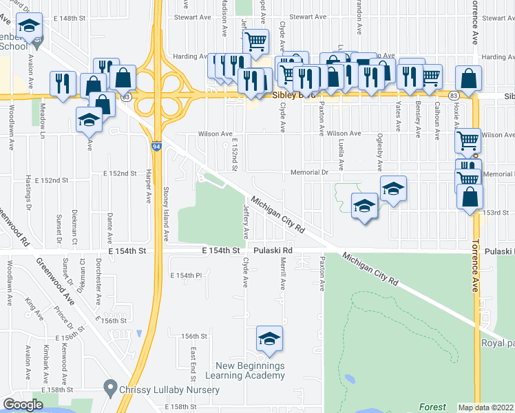 map of restaurants, bars, coffee shops, grocery stores, and more near 1927 Michigan City Road in Calumet City