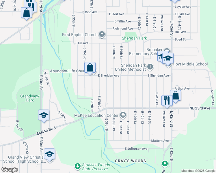 map of restaurants, bars, coffee shops, grocery stores, and more near 2417 East 38th Street in Des Moines
