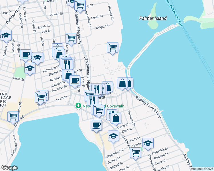map of restaurants, bars, coffee shops, grocery stores, and more near Harbor Street in New Bedford