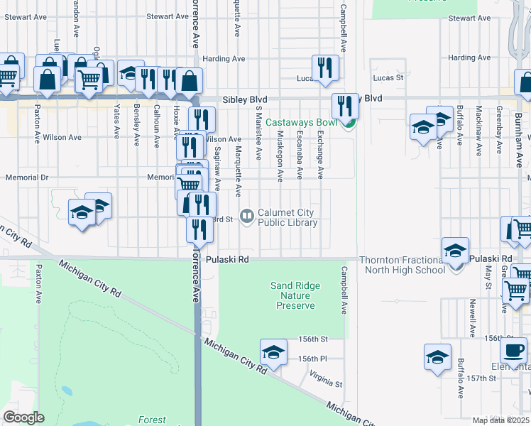 map of restaurants, bars, coffee shops, grocery stores, and more near 619 South Manistee Avenue in Calumet City