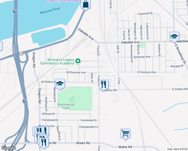 map of restaurants, bars, coffee shops, grocery stores, and more near 1907 Ware Street in Northwood