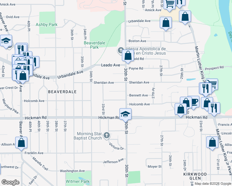 map of restaurants, bars, coffee shops, grocery stores, and more near 3100 Mann Avenue in Des Moines