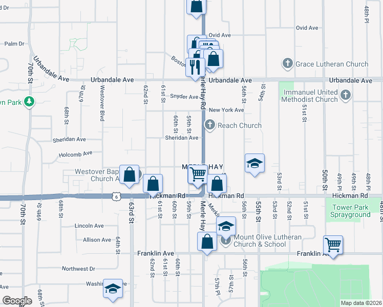 map of restaurants, bars, coffee shops, grocery stores, and more near 2523 59th Street in Des Moines