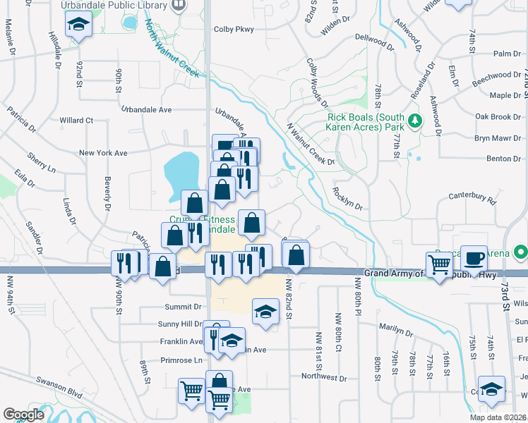 map of restaurants, bars, coffee shops, grocery stores, and more near 8139 Rocklyn Drive in Urbandale