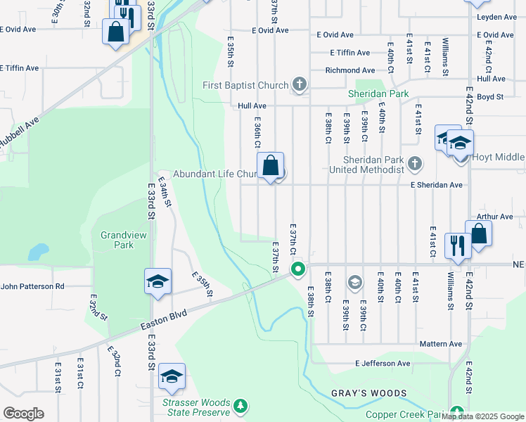 map of restaurants, bars, coffee shops, grocery stores, and more near 2419 East 36th Court in Des Moines