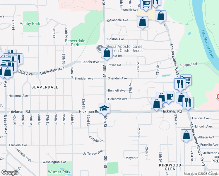 map of restaurants, bars, coffee shops, grocery stores, and more near 2601 30th Street in Des Moines