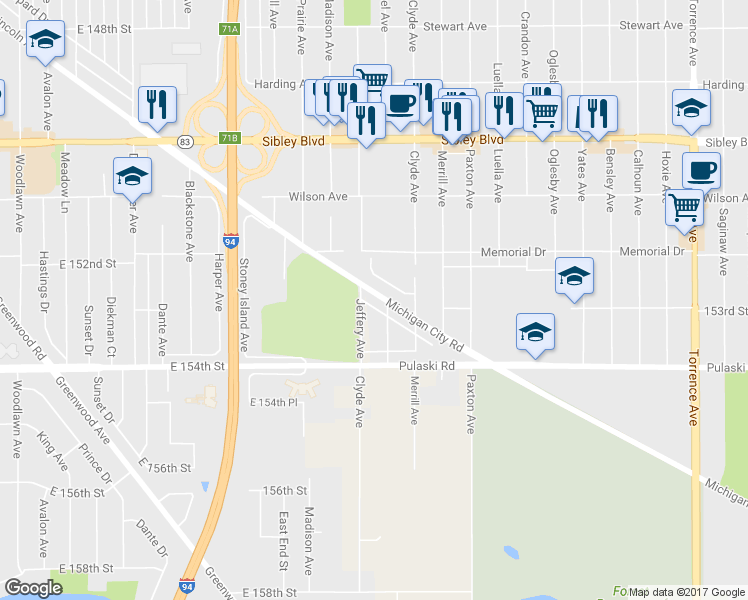 map of restaurants, bars, coffee shops, grocery stores, and more near 1933 Michigan City Road in Calumet City