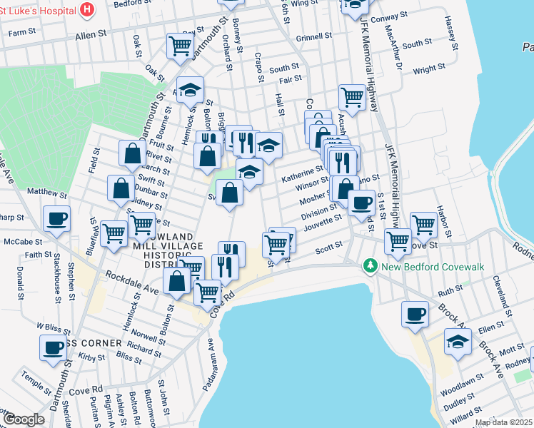 map of restaurants, bars, coffee shops, grocery stores, and more near 290 Bonney Street in New Bedford