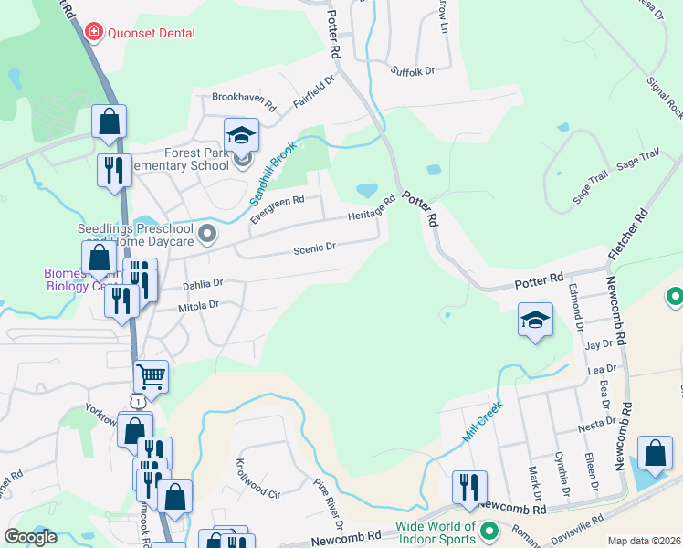 map of restaurants, bars, coffee shops, grocery stores, and more near 239 Dahlia Drive in North Kingstown