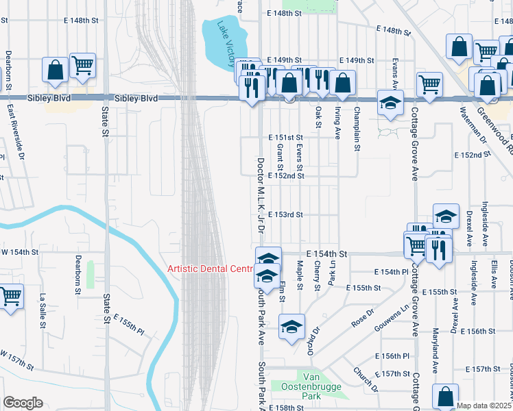 map of restaurants, bars, coffee shops, grocery stores, and more near 15238 Chicago Road in Dolton