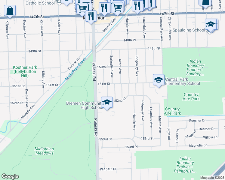 map of restaurants, bars, coffee shops, grocery stores, and more near 15135 Harding Avenue in Midlothian