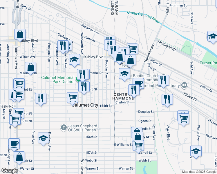 map of restaurants, bars, coffee shops, grocery stores, and more near 634 Douglas Avenue in Calumet City