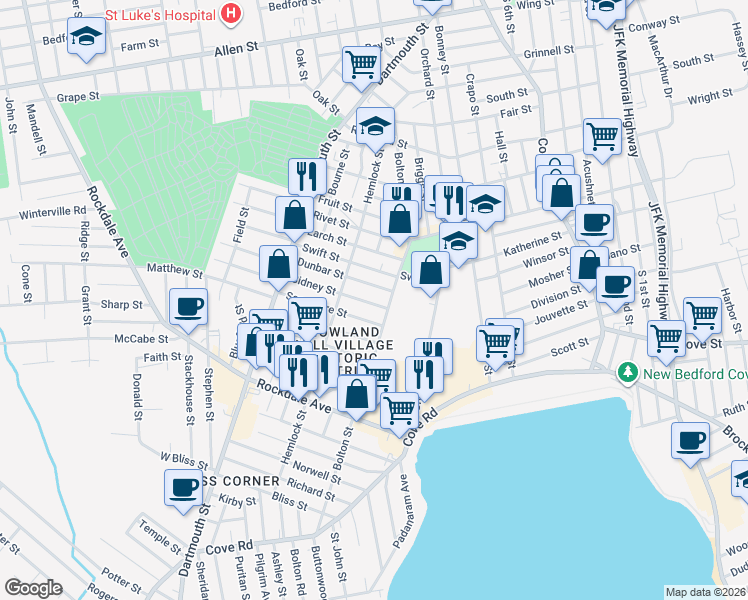 map of restaurants, bars, coffee shops, grocery stores, and more near 17 Sidney Street in New Bedford
