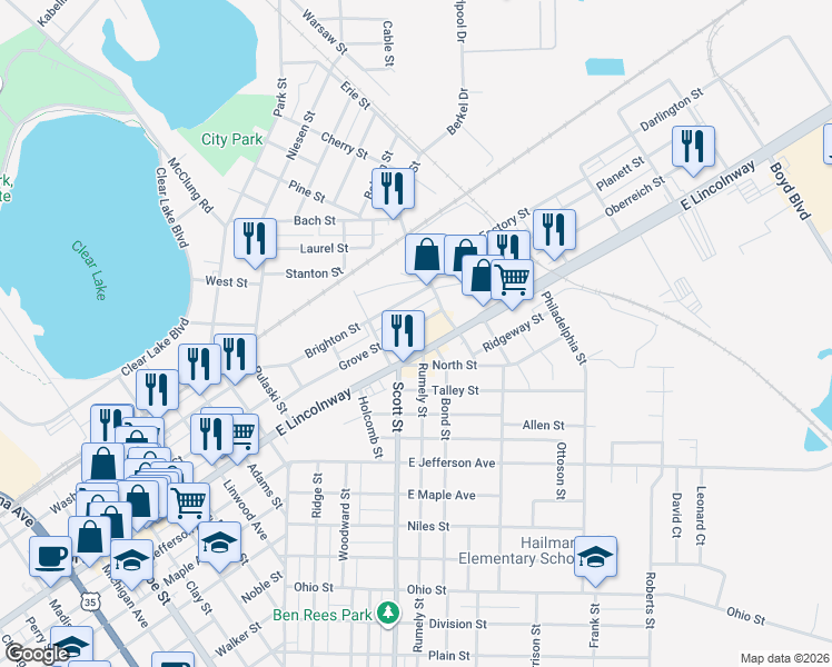 map of restaurants, bars, coffee shops, grocery stores, and more near 516 Grove Street in La Porte