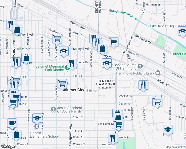 map of restaurants, bars, coffee shops, grocery stores, and more near 634 Douglas Avenue in Calumet City