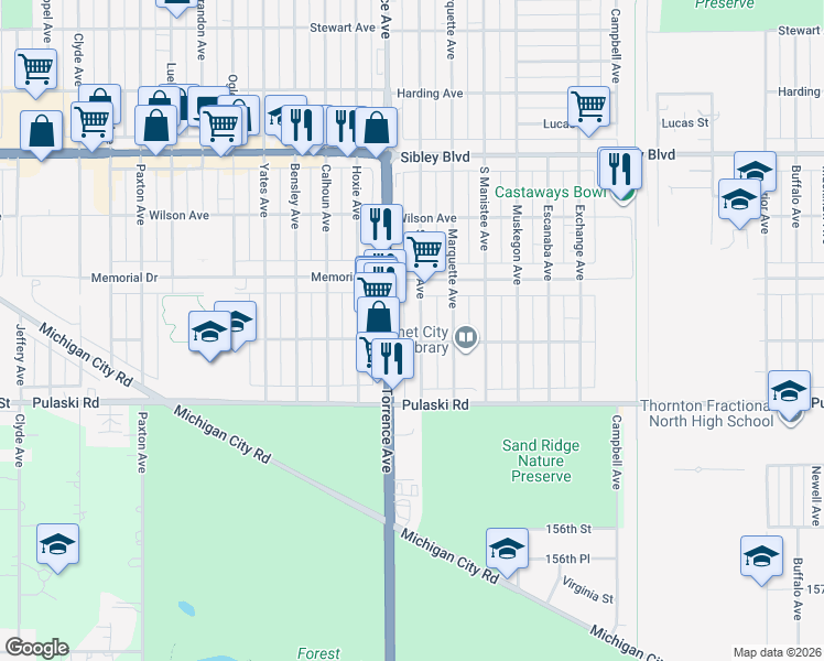 map of restaurants, bars, coffee shops, grocery stores, and more near 618 Saginaw Avenue in Calumet City