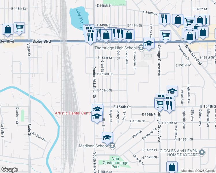 map of restaurants, bars, coffee shops, grocery stores, and more near 15237 Grant Street in Dolton