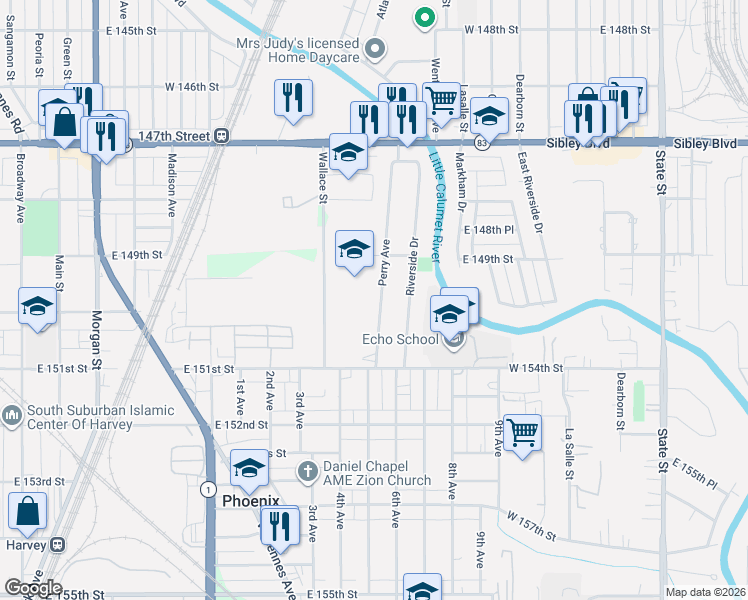 map of restaurants, bars, coffee shops, grocery stores, and more near 14950 Perry Avenue in South Holland