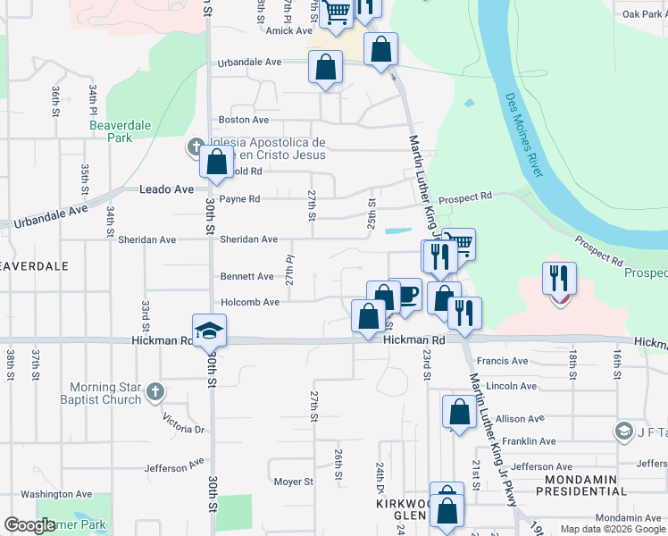 map of restaurants, bars, coffee shops, grocery stores, and more near 2522 26th Street in Des Moines