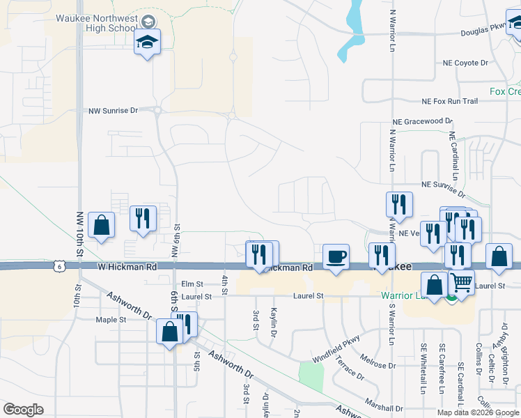 map of restaurants, bars, coffee shops, grocery stores, and more near 395 Hickman Road in Waukee