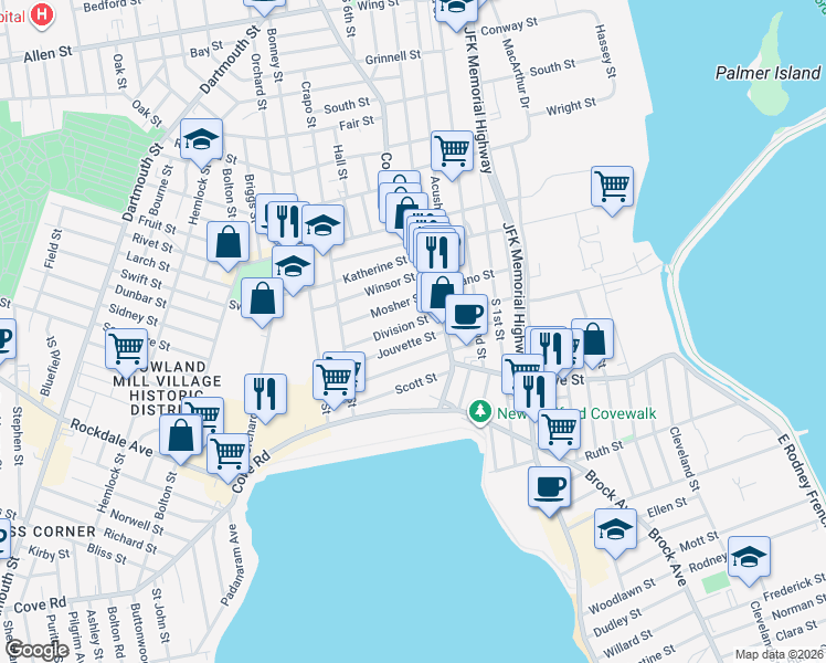 map of restaurants, bars, coffee shops, grocery stores, and more near 152 Division Street in New Bedford