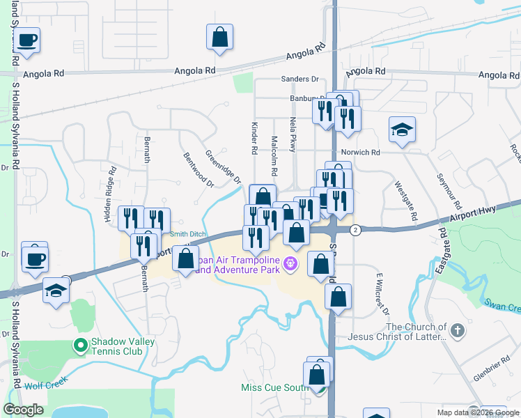 map of restaurants, bars, coffee shops, grocery stores, and more near 1234 Nela Parkway in Toledo
