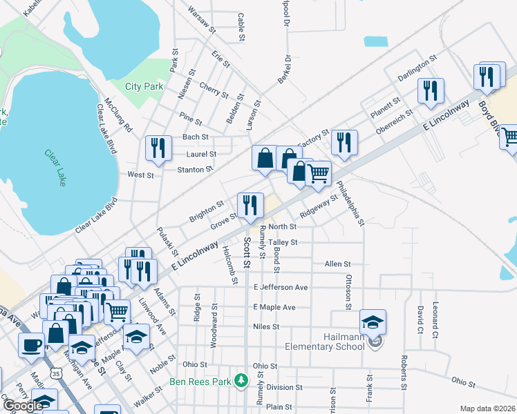 map of restaurants, bars, coffee shops, grocery stores, and more near 516 Grove Street in La Porte