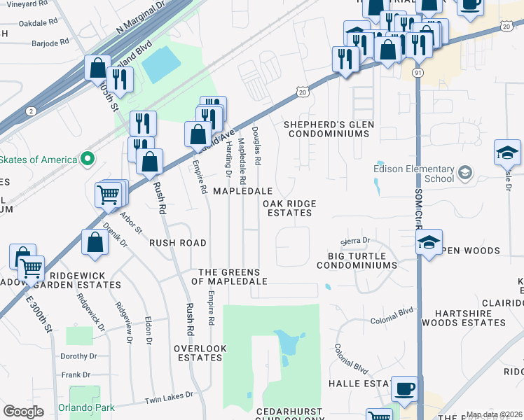 map of restaurants, bars, coffee shops, grocery stores, and more near 1644 Douglas Road in Wickliffe