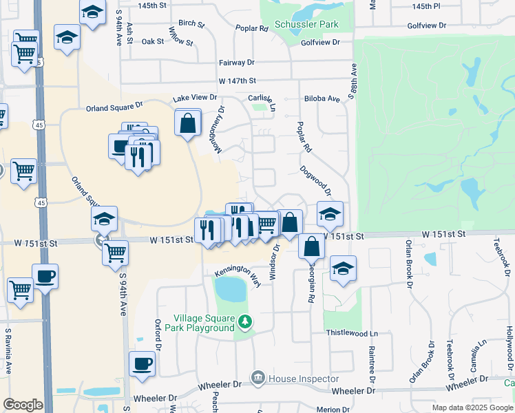 map of restaurants, bars, coffee shops, grocery stores, and more near 9113 Sandpiper Court in Orland Park