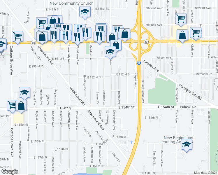 map of restaurants, bars, coffee shops, grocery stores, and more near 15230 Dorchester Avenue in Dolton