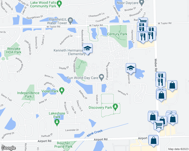 map of restaurants, bars, coffee shops, grocery stores, and more near 101 Azalea Circle in Romeoville