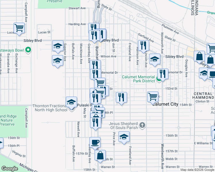 map of restaurants, bars, coffee shops, grocery stores, and more near 617 Hirsch Avenue in Calumet City